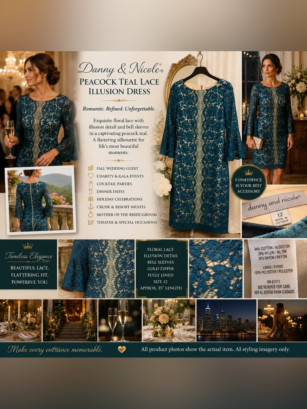 Danny & Nicole 12 Discontinued Peacock Teal Lace Bell Sleeve Illusion Dress EUC